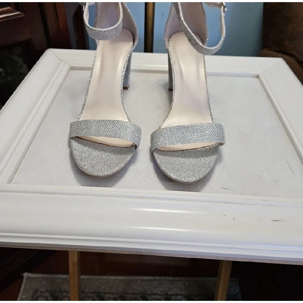 David's Bridal Arya Silver Glitter Ankle-Strap Block Heel Sandals - Women  11